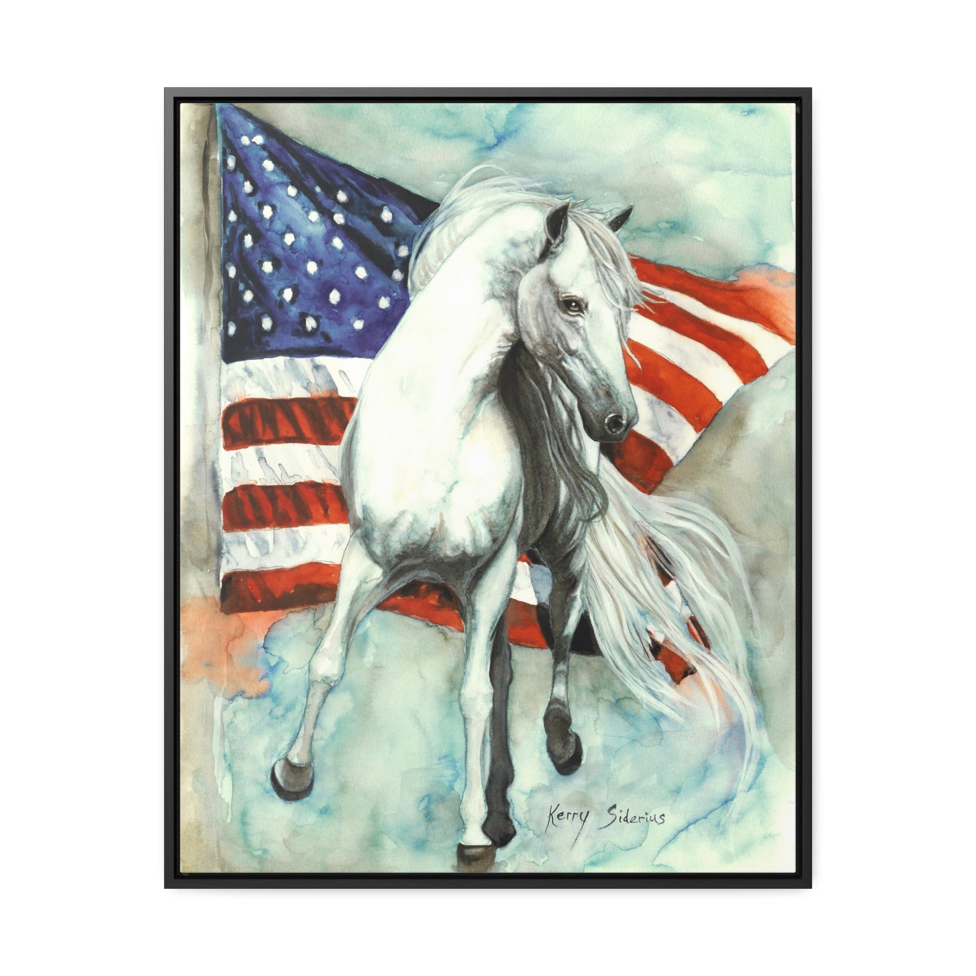 "White Horse with American Flag" Gallery Wrapped Wood Framed Canvas - Kerry Siderius Art 