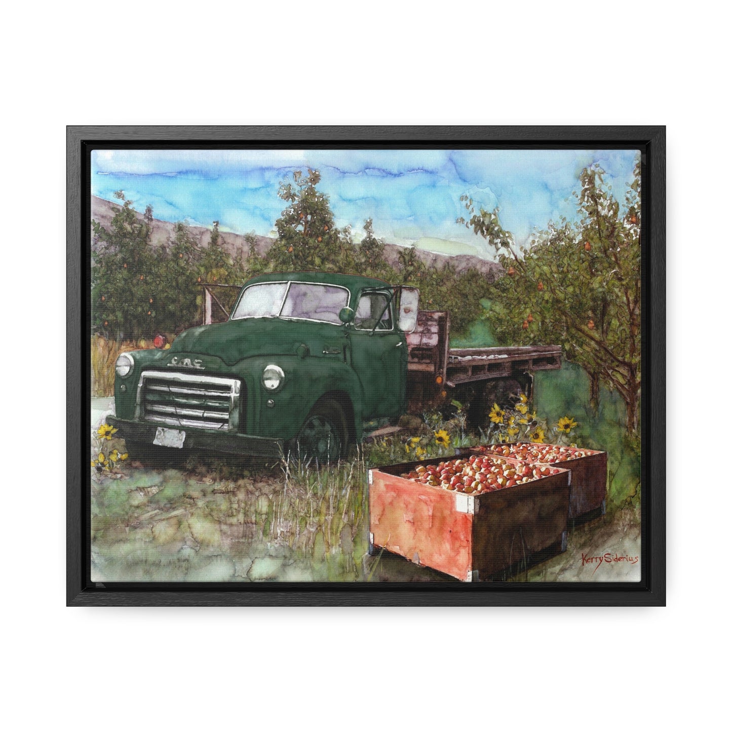 Green Apple Truck Walnut Wood Framed