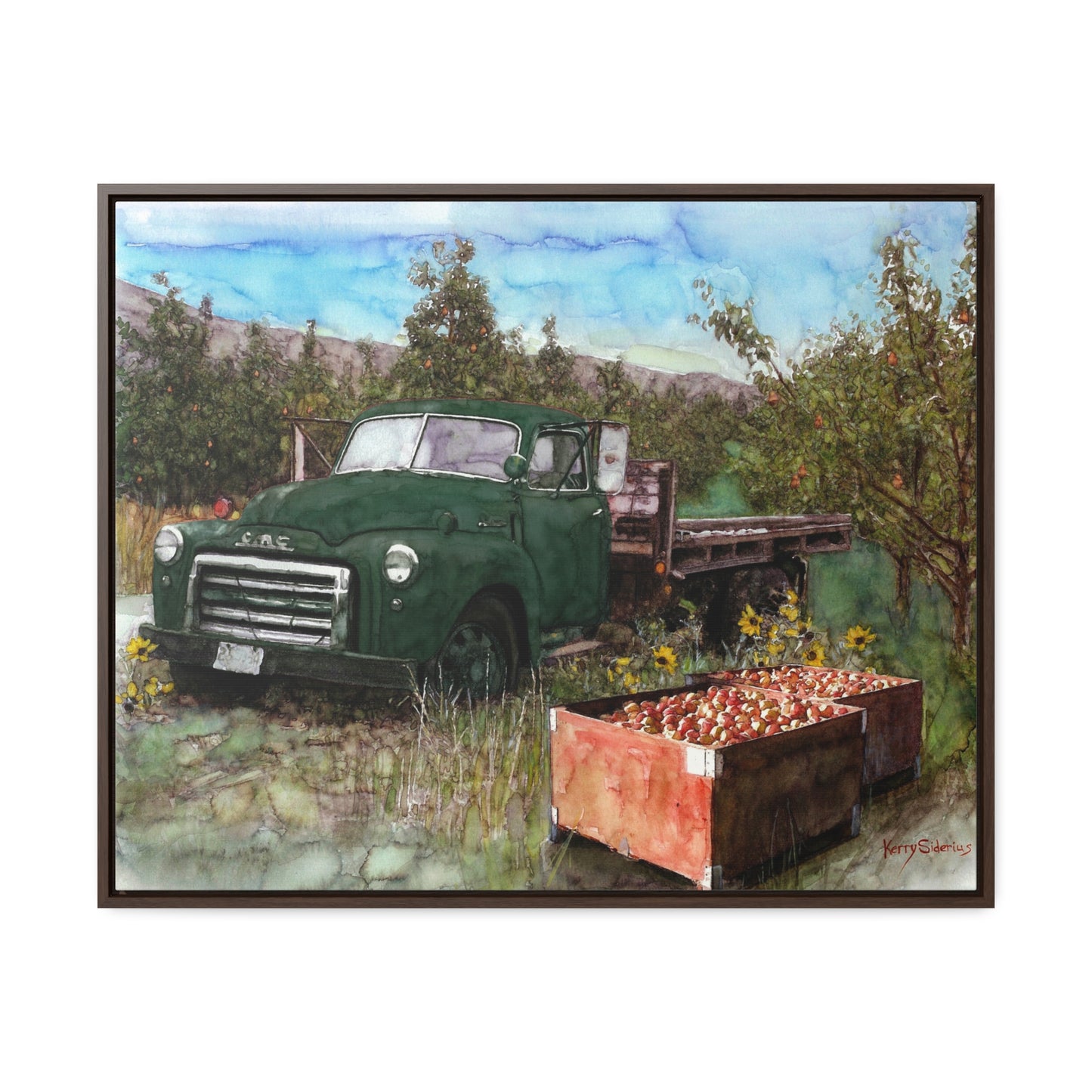 Green Apple Truck Walnut Wood Framed