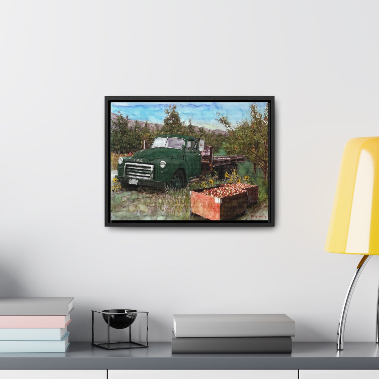 Green Apple Truck Walnut Wood Framed