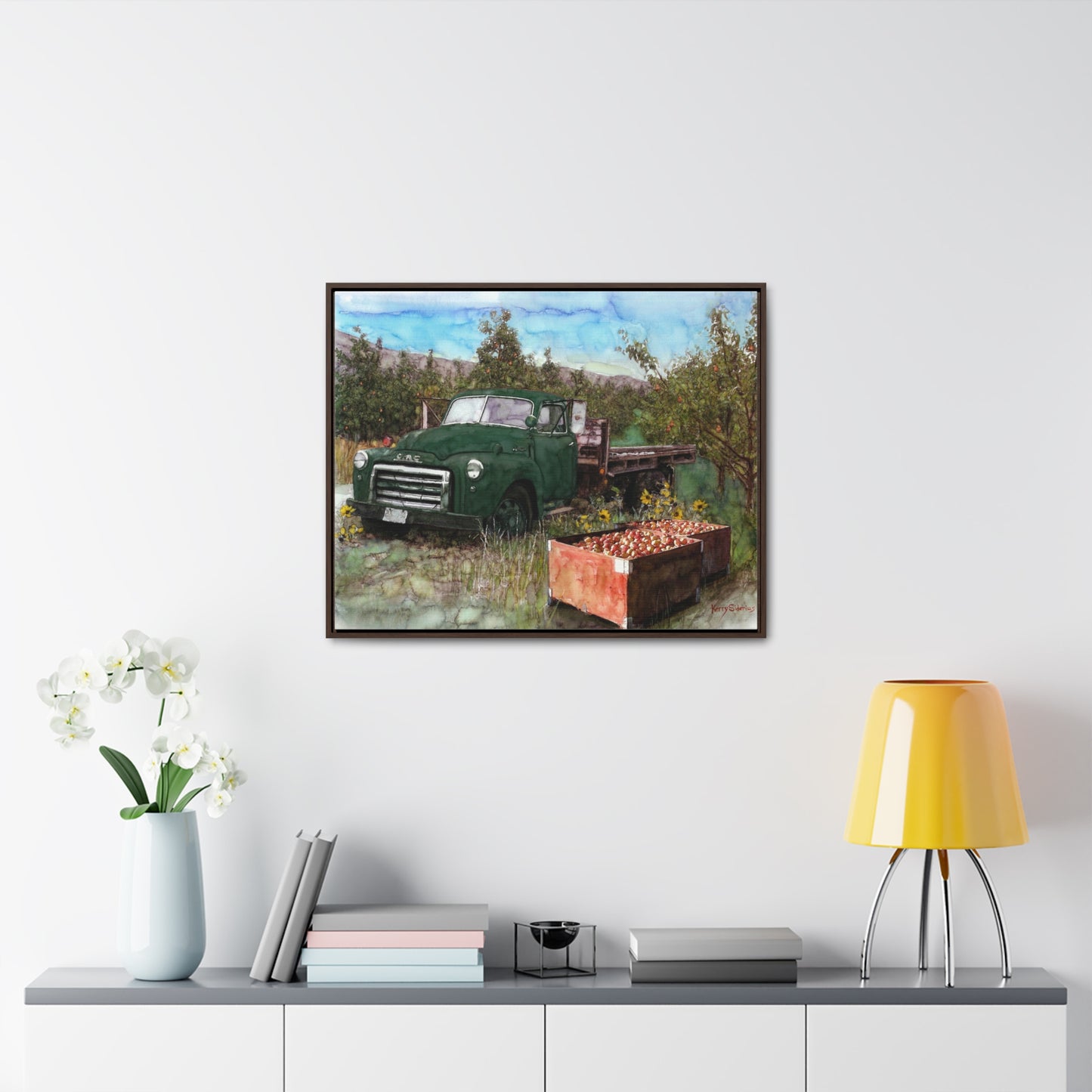 Green Apple Truck Walnut Wood Framed