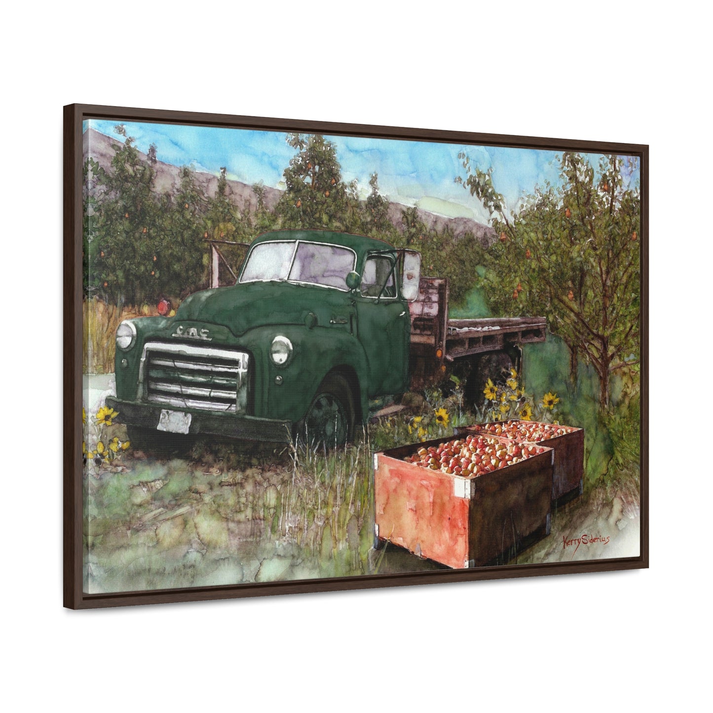 Green Apple Truck Walnut Wood Framed