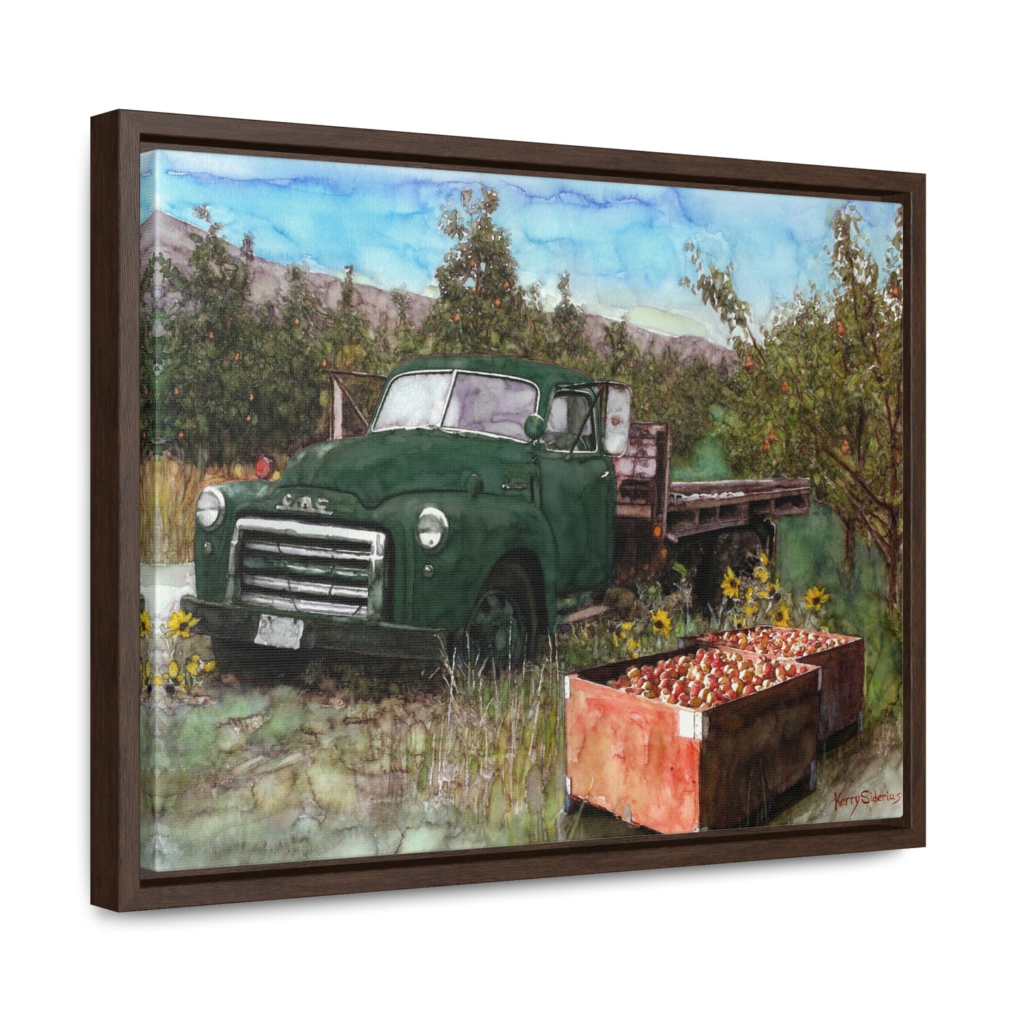 Green Apple Truck Walnut Wood Framed