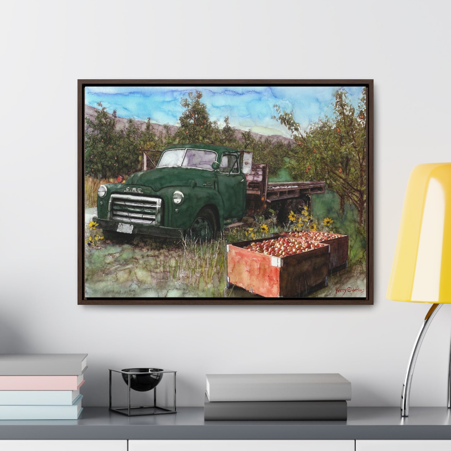 Green Apple Truck Walnut Wood Framed