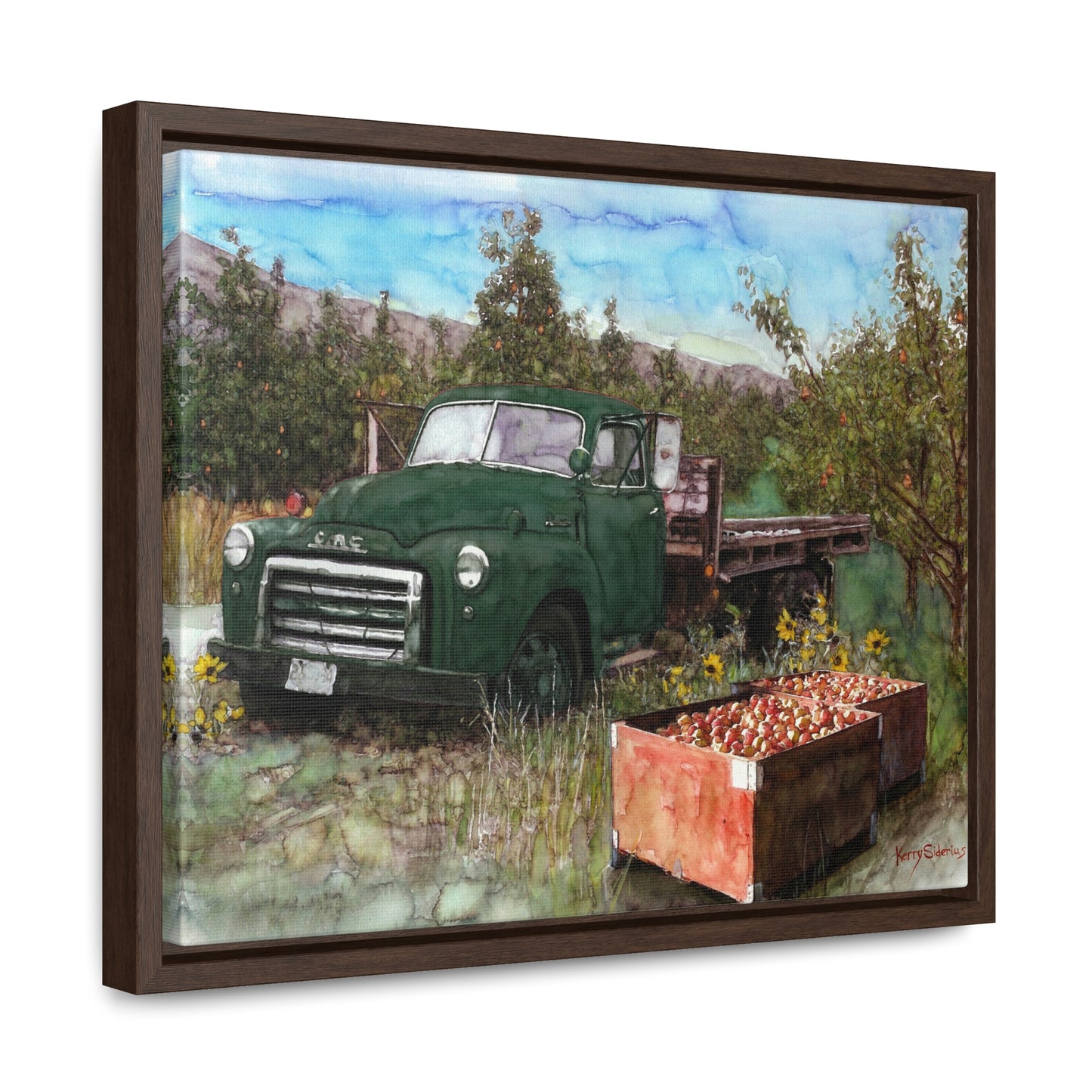 Green Apple Truck Walnut Wood Framed