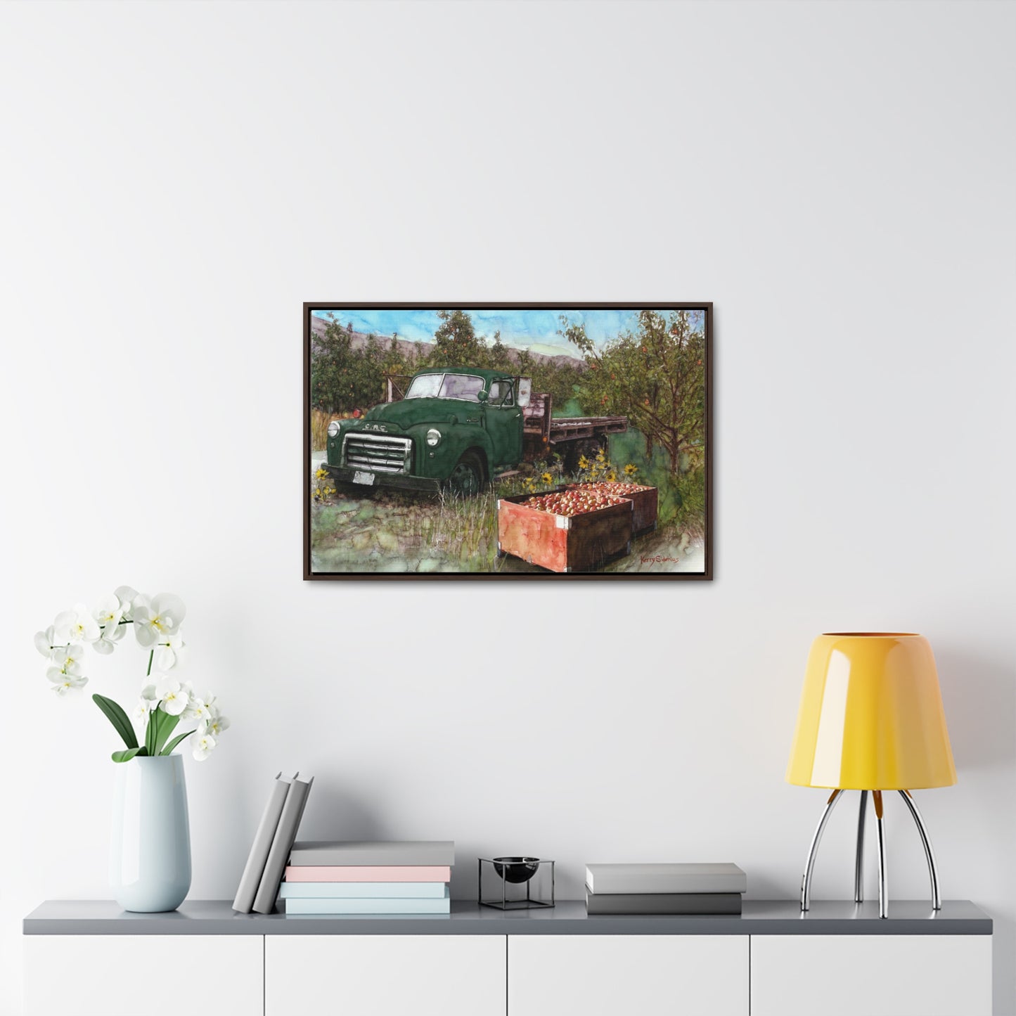 Green Apple Truck Walnut Wood Framed