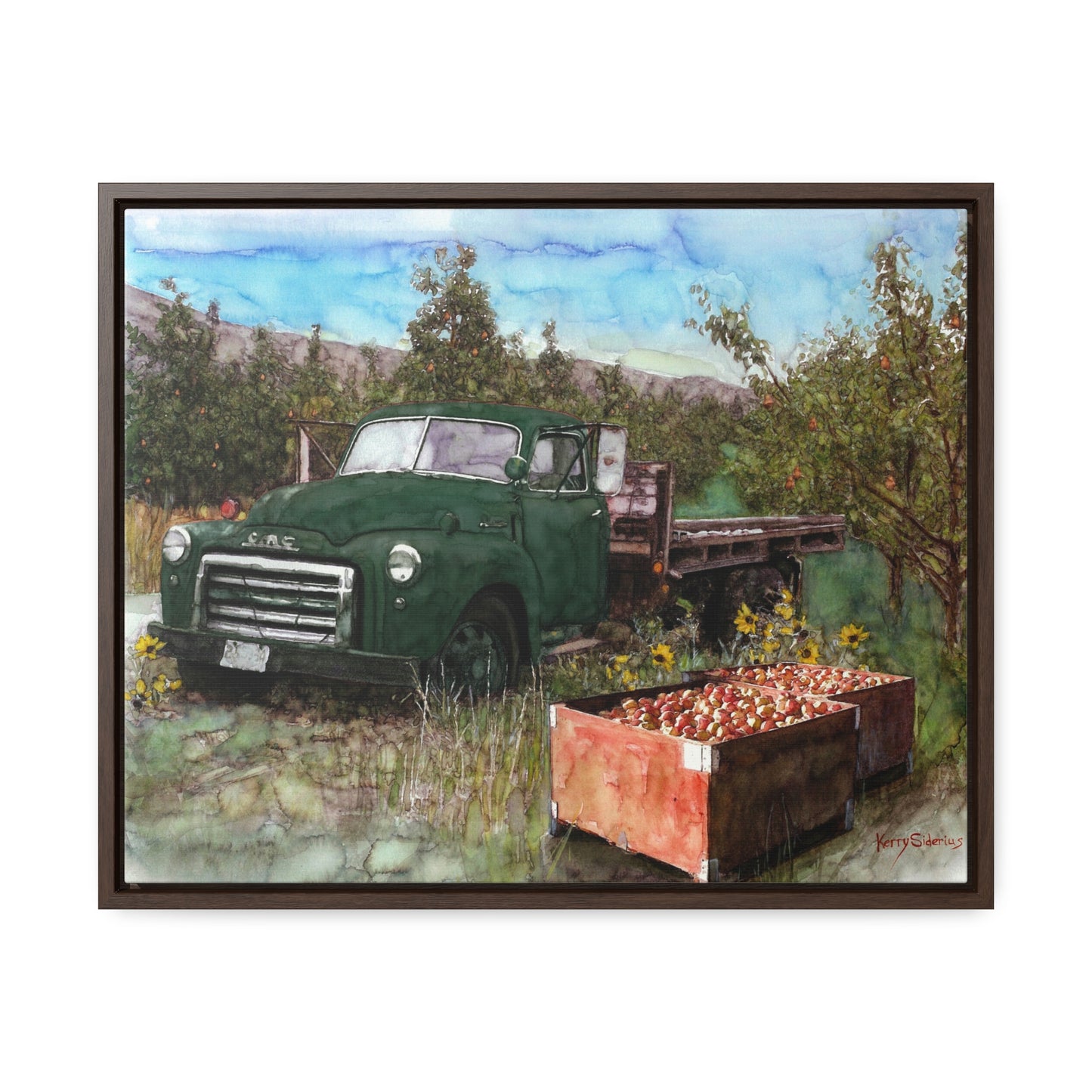 Green Apple Truck Walnut Wood Framed