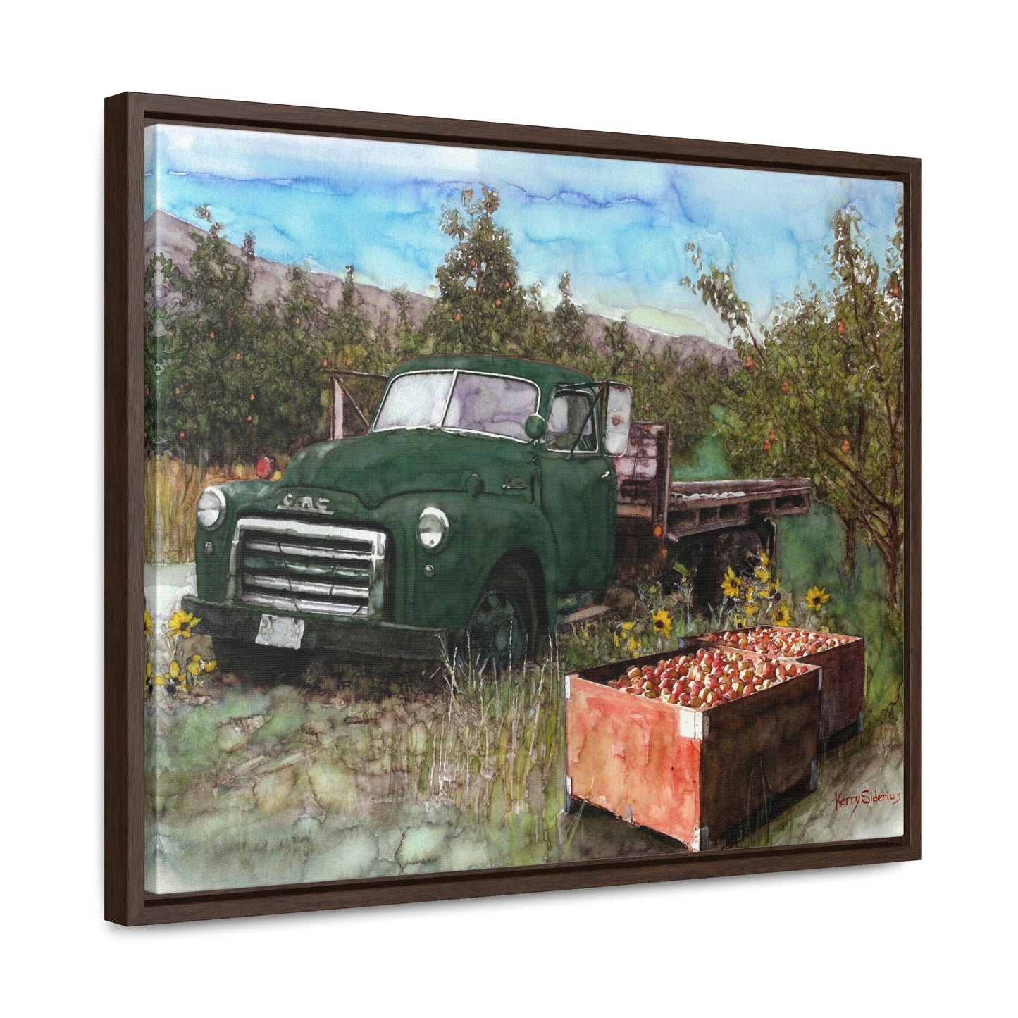 Green Apple Truck Walnut Wood Framed