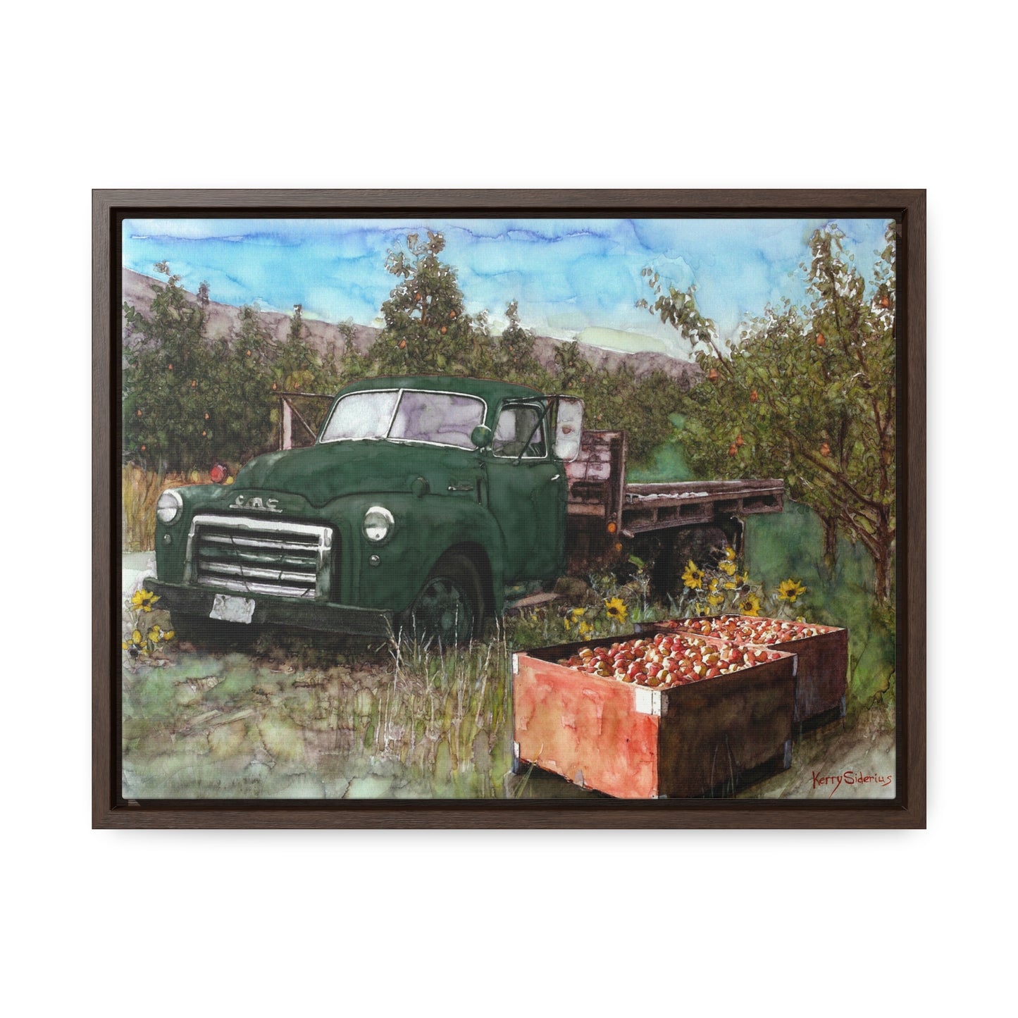 Green Apple Truck Walnut Wood Framed