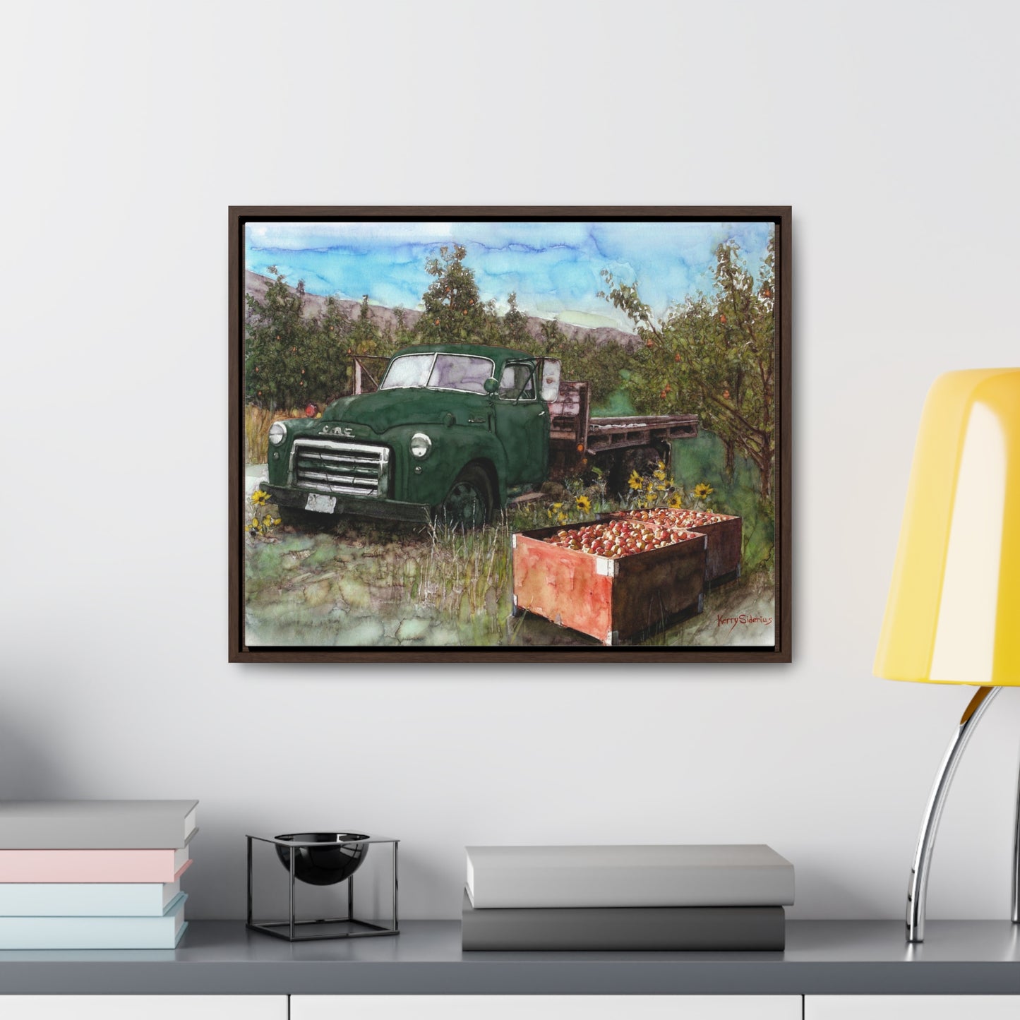 Green Apple Truck Walnut Wood Framed