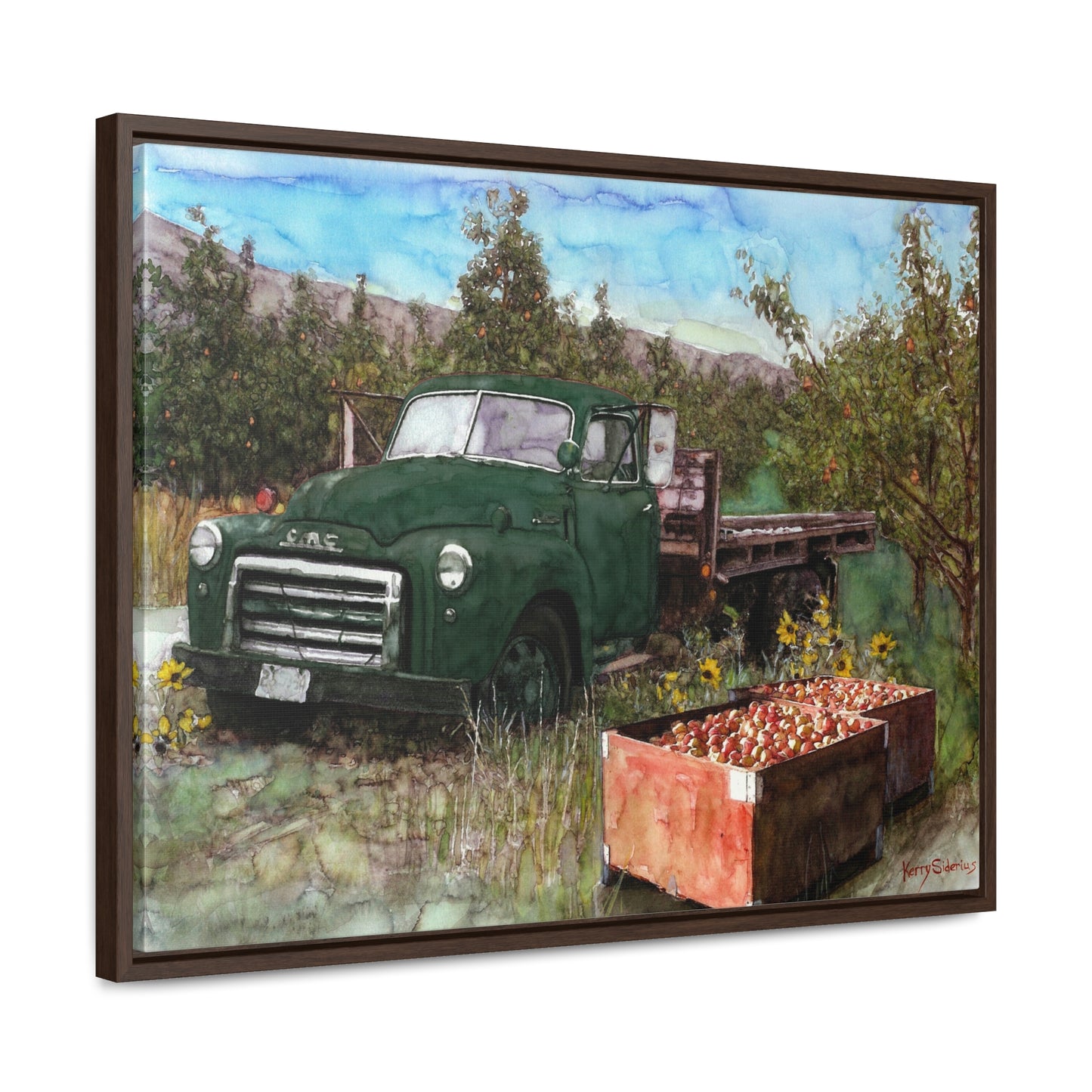 Green Apple Truck Walnut Wood Framed