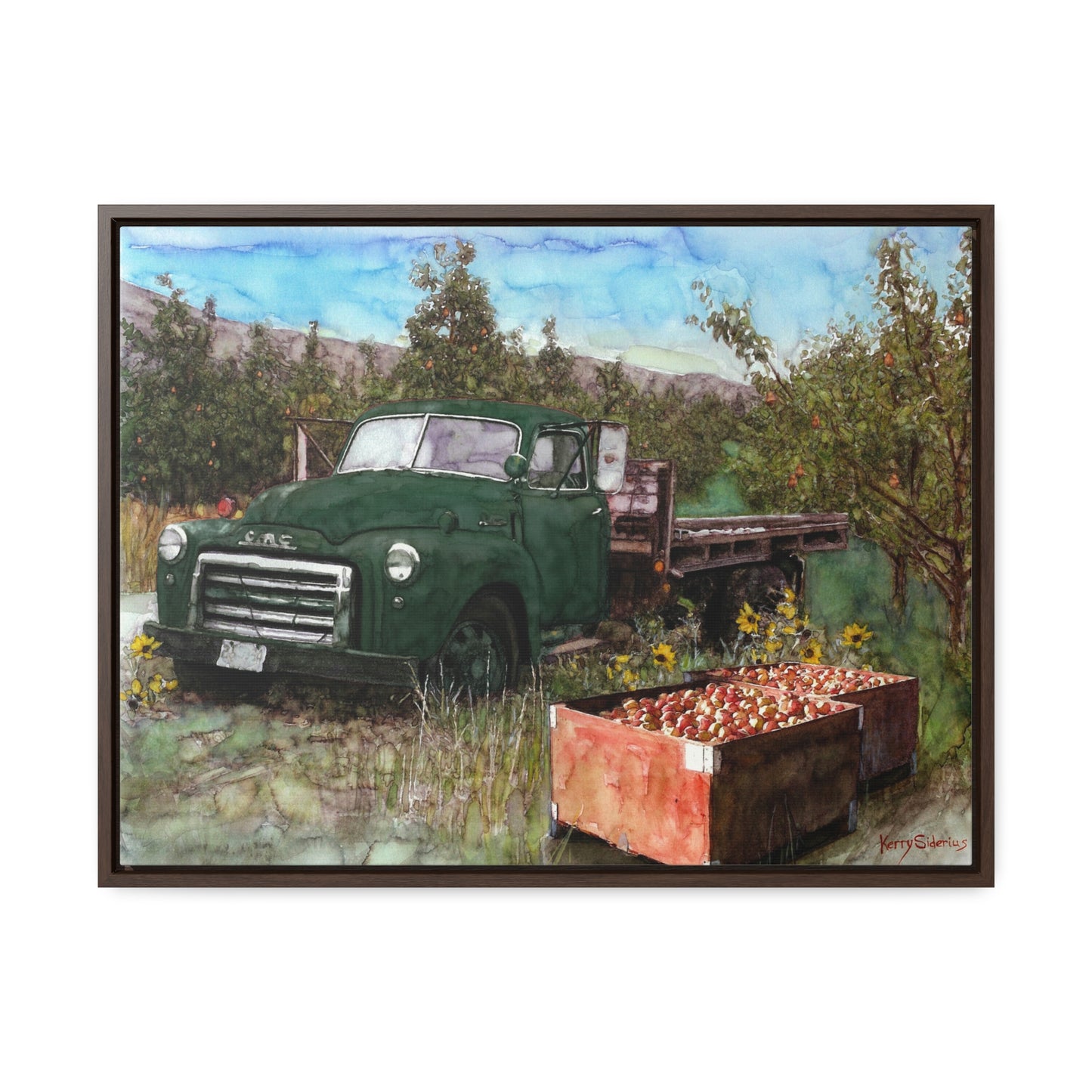 Green Apple Truck Walnut Wood Framed