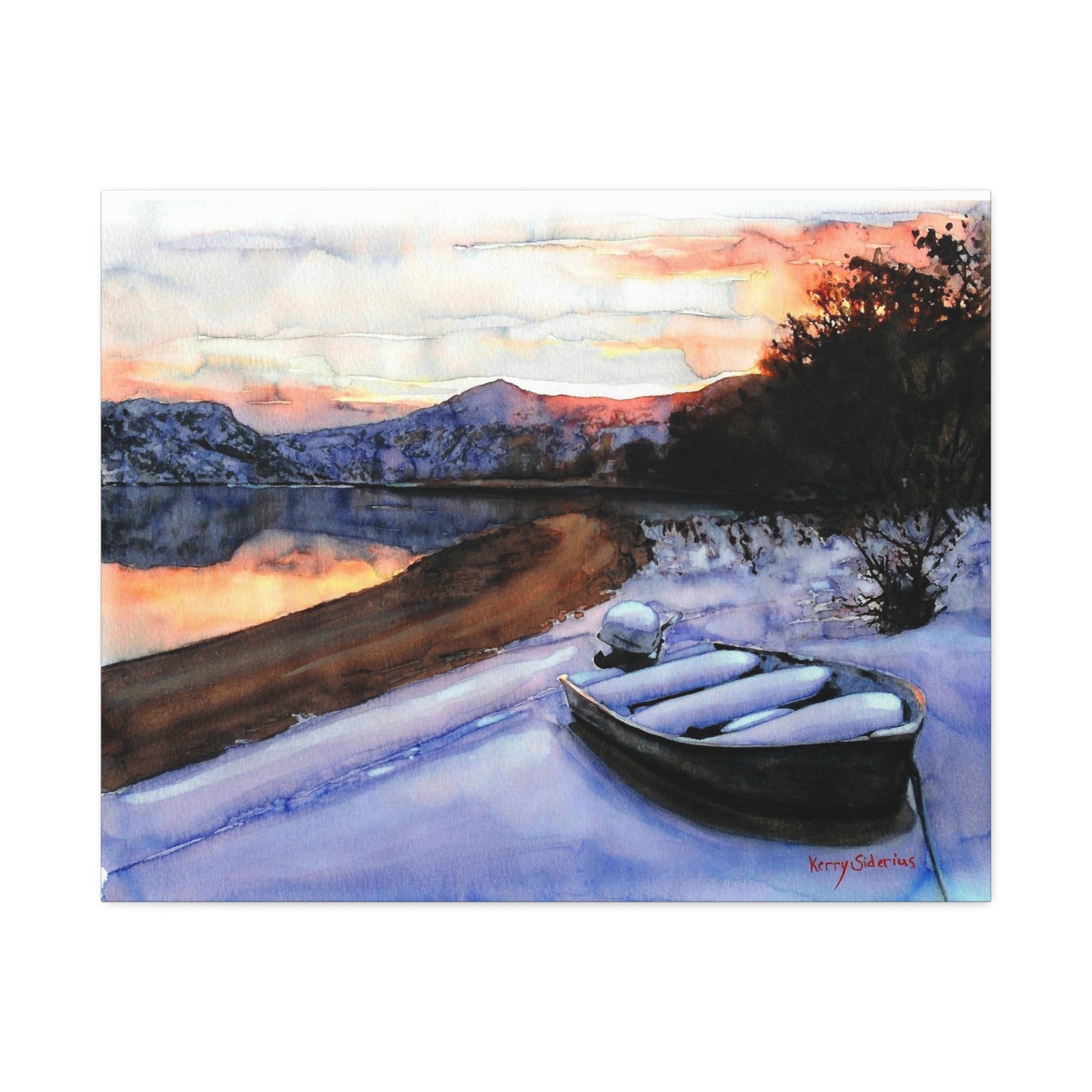 "Snowy Boat Sunset on the Columbia River"