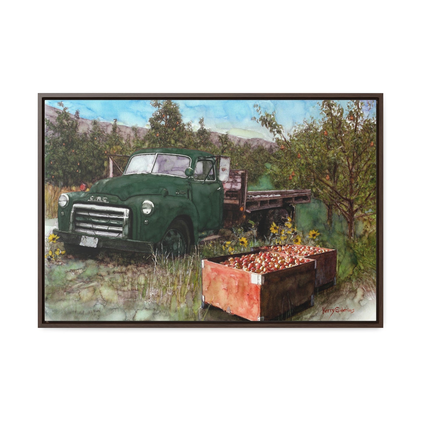 Green Apple Truck Walnut Wood Framed