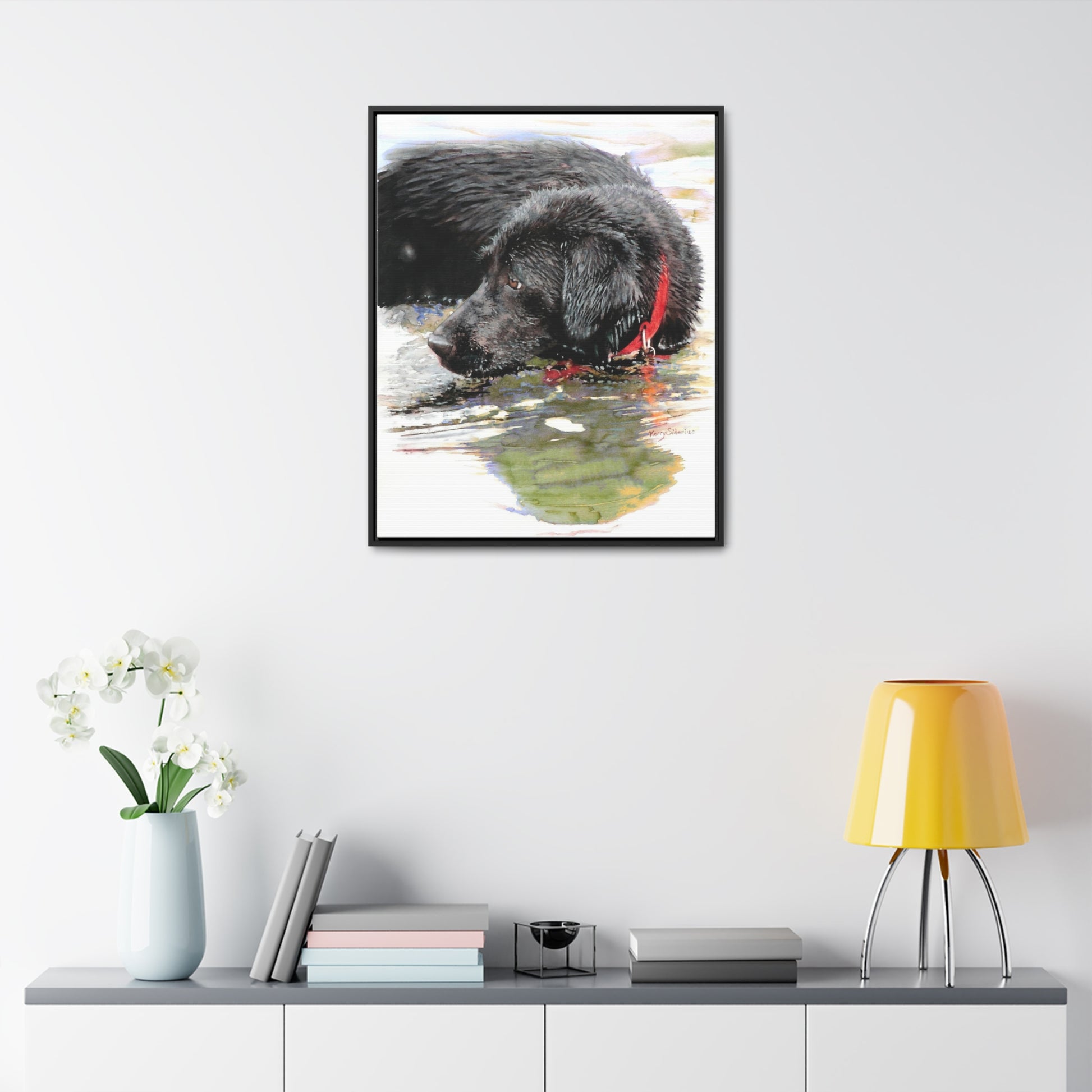 "Fishing and Fetching Black Lab, Chelan" Framed Gallery Wrapped Canvas - Kerry Siderius Art 