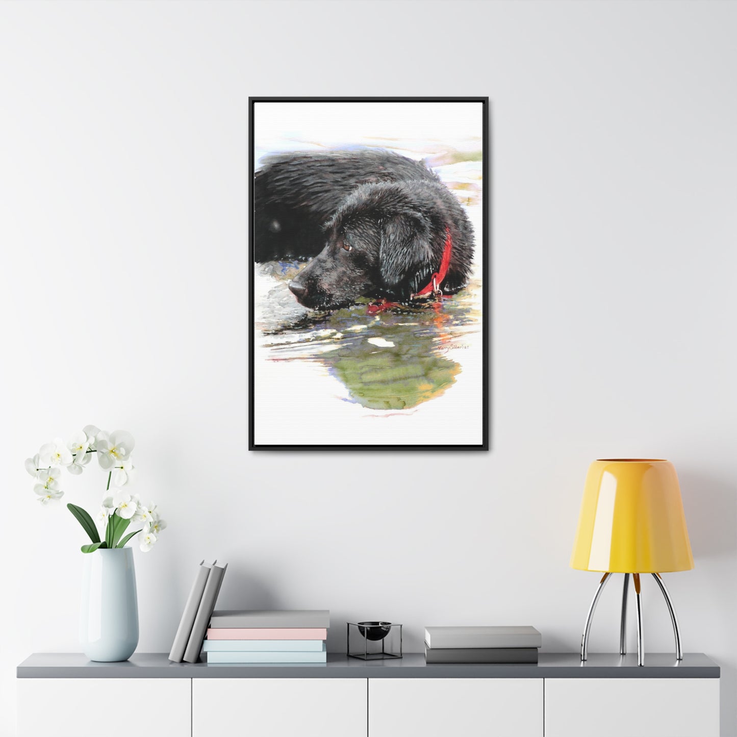 "Fishing and Fetching Black Lab, Chelan" Framed Gallery Wrapped Canvas - Kerry Siderius Art 