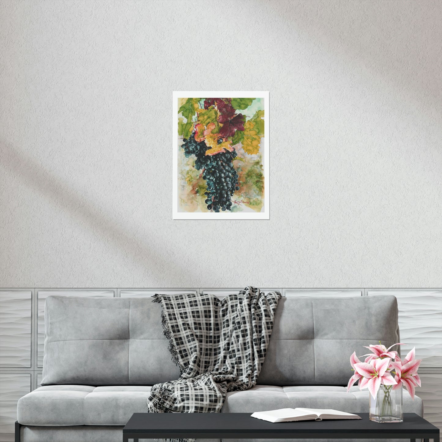 "Pinot Grape Cluster with Red Leaf" Matte Poster Print - Kerry Siderius Art 